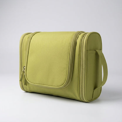 Hanging toiletry bag for travel featuring water-resistant lining, smart compartment division, and a foldable design for easy organization. 5