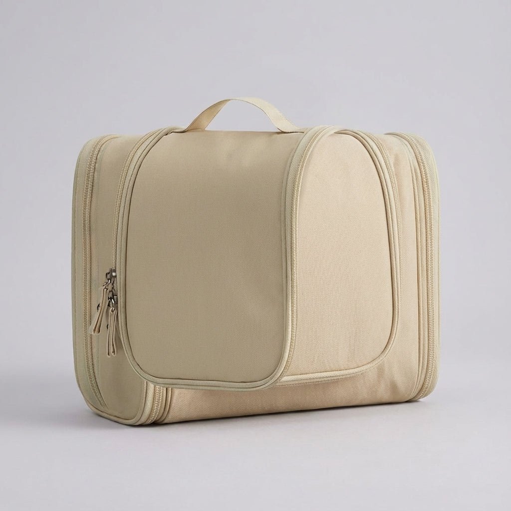 Hanging toiletry bag for travel featuring water-resistant lining, smart compartment division, and a foldable design for easy organization. 7