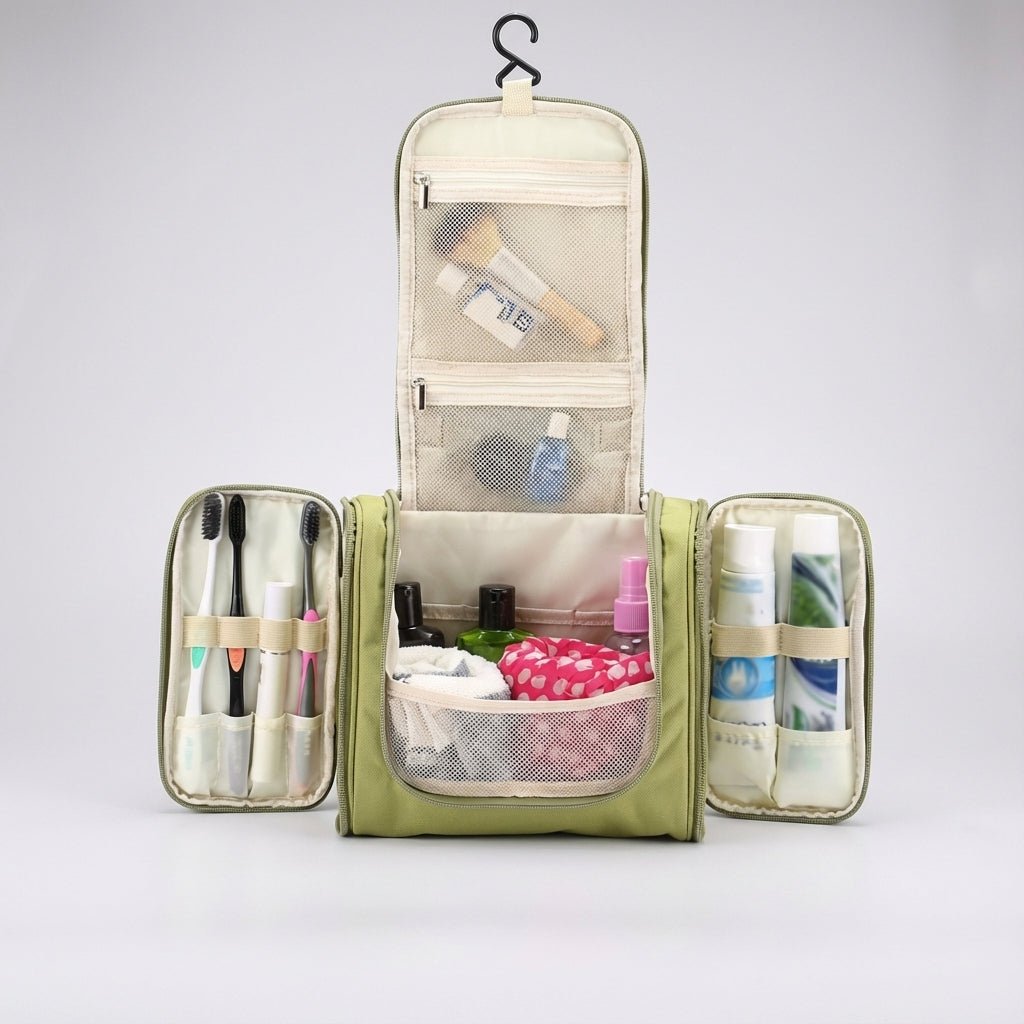 Hanging toiletry bag for travel featuring water-resistant lining, smart compartment division, and a foldable design for easy organization. 2