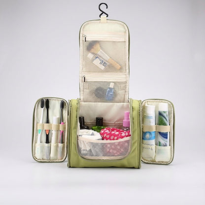 Hanging toiletry bag for travel featuring water-resistant lining, smart compartment division, and a foldable design for easy organization. 2