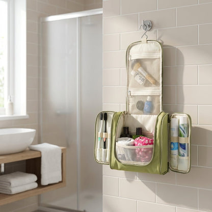 Hanging toiletry bag for travel featuring water-resistant lining, smart compartment division, and a foldable design for easy organization. 1