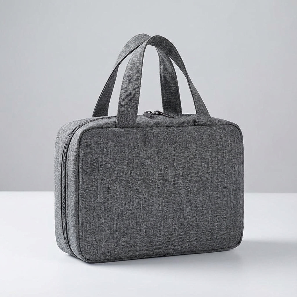 Hanging toiletry bag for women in black featuring four zippered compartments, designed as a water-repellent travel organizer for efficient packing and easy access 2