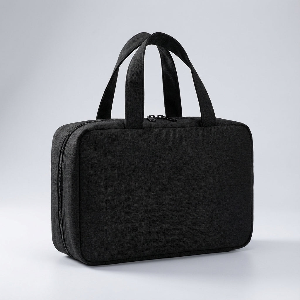 Hanging toiletry bag for women in black featuring four zippered compartments, designed as a water-repellent travel organizer for efficient packing and easy access 0