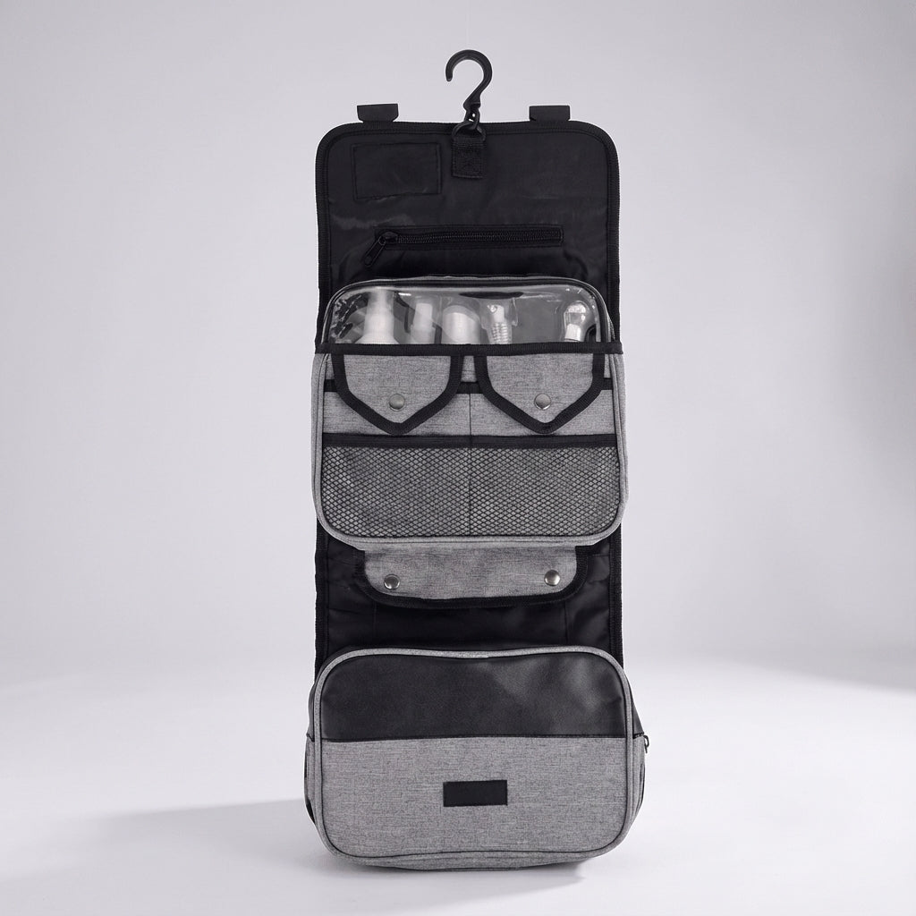 Hanging toiletry bag with water-repellent exterior, featuring multiple pockets for organized travel, suitable for men and women. 2