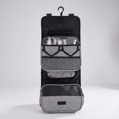Hanging toiletry bag with water-repellent exterior, featuring multiple pockets for organized travel, suitable for men and women. 2