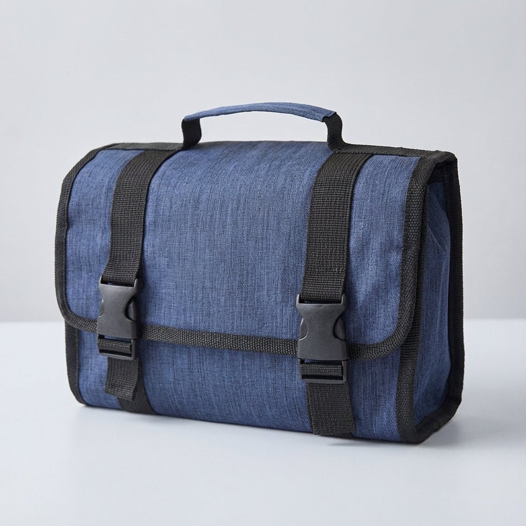Hanging toiletry bag with water-repellent exterior, featuring multiple pockets for organized travel, suitable for men and women. 0