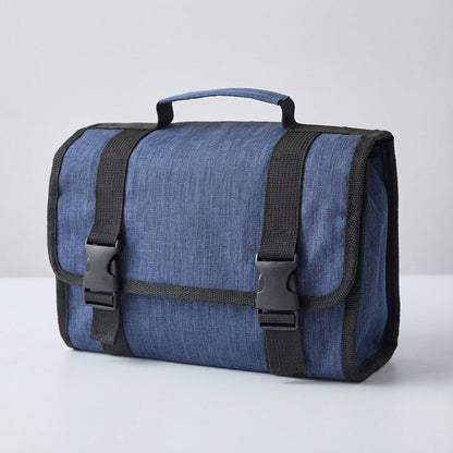 Hanging toiletry bag with water-repellent exterior, featuring multiple pockets for organized travel, suitable for men and women. 0