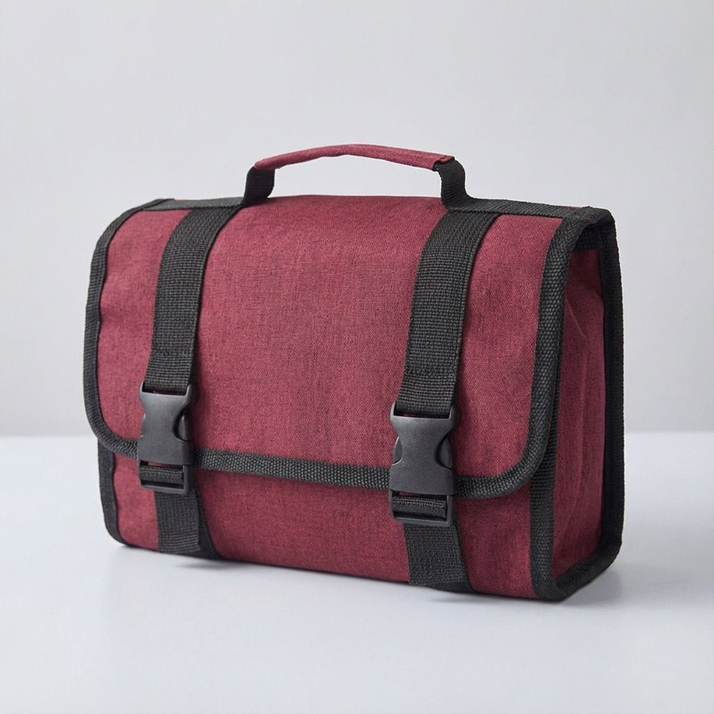Hanging toiletry bag with water-repellent exterior, featuring multiple pockets for organized travel, suitable for men and women. 4