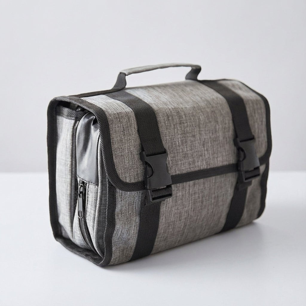 Hanging toiletry bag with water-repellent exterior, featuring multiple pockets for organized travel, suitable for men and women. 5