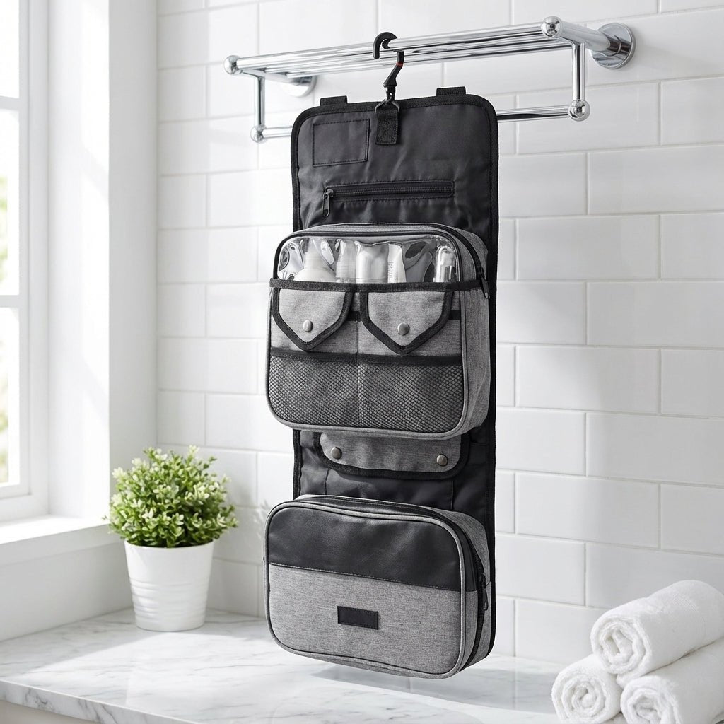Hanging toiletry bag with water-repellent exterior, featuring multiple pockets for organized travel, suitable for men and women. 1