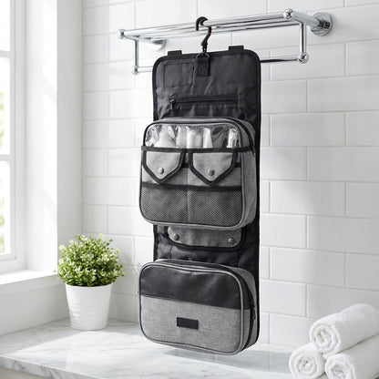 Hanging toiletry bag with water-repellent exterior, featuring multiple pockets for organized travel, suitable for men and women. 1