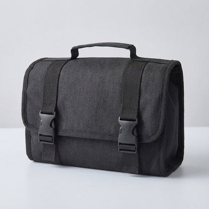 Hanging toiletry bag with water-repellent exterior, featuring multiple pockets for organized travel, suitable for men and women. 6