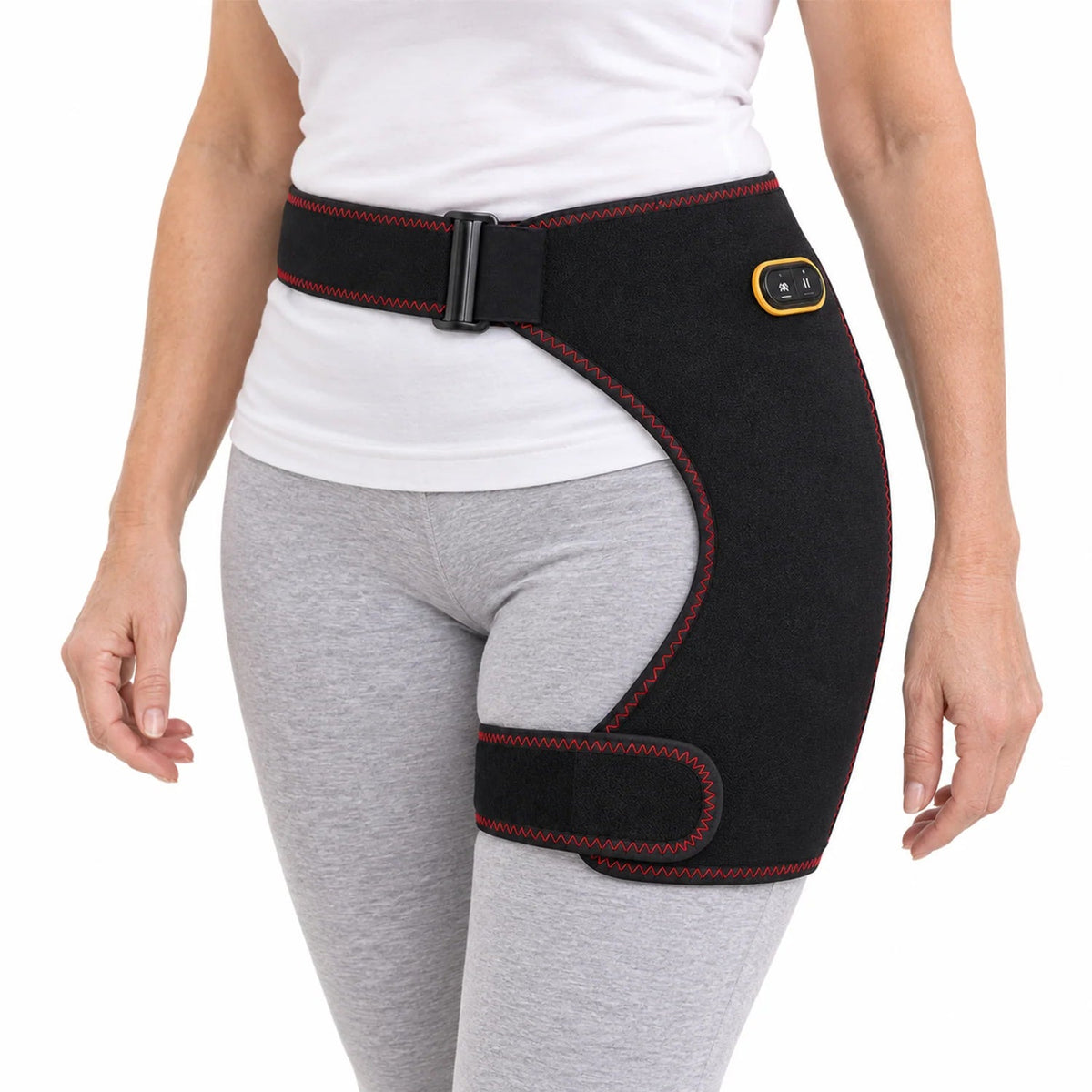 Heated hip brace featuring adjustable heat and vibration massage, designed for cordless red light therapy to relieve stiffness and promote comfort. 1