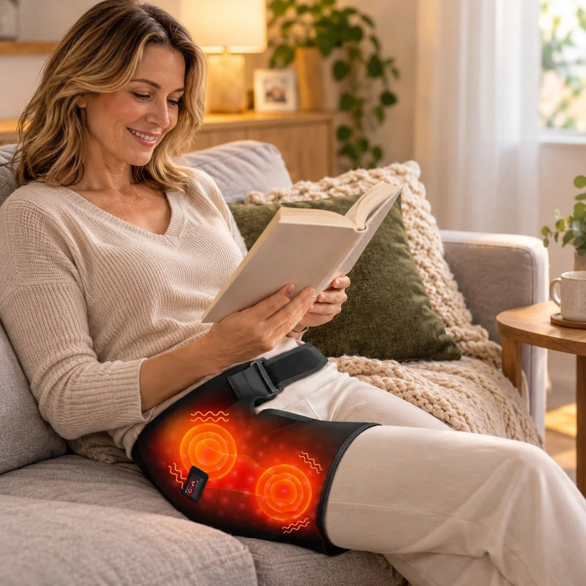Heated hip brace featuring adjustable heat and vibration massage, designed for cordless red light therapy to relieve stiffness and promote comfort. 0