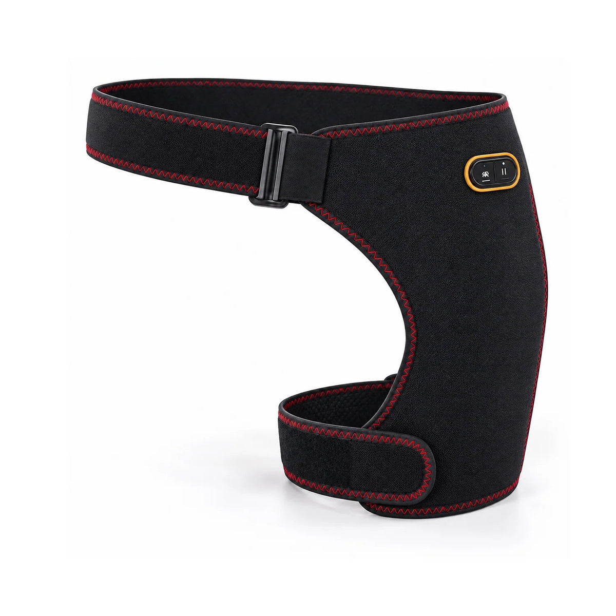 Heated hip brace featuring adjustable heat and vibration massage, designed for cordless red light therapy to relieve stiffness and promote comfort. 2
