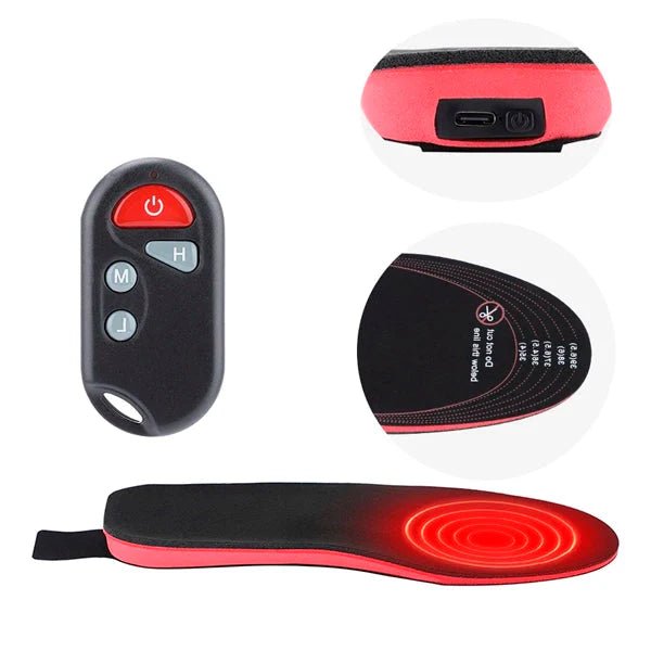 Heated insoles featuring adjustable heat levels and wireless control, designed for winter use with a thin rechargeable design for optimal comfort and warmth. 3