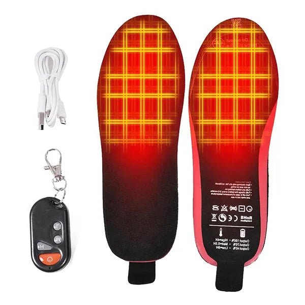 Heated insoles featuring adjustable heat levels and wireless control, designed for winter use with a thin rechargeable design for optimal comfort and warmth. 1