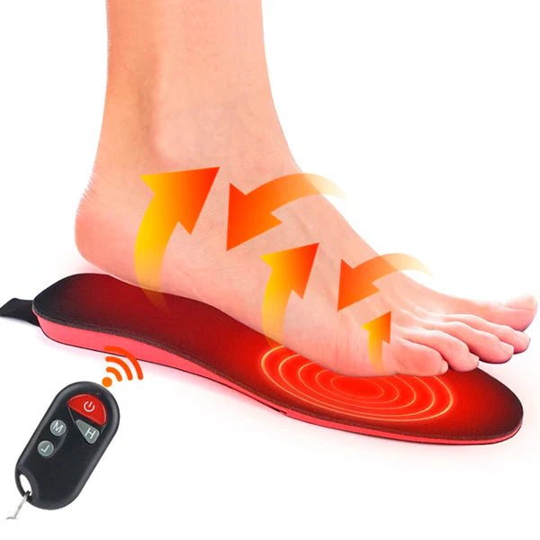 Heated insoles featuring adjustable heat levels and wireless control, designed for winter use with a thin rechargeable design for optimal comfort and warmth. 0