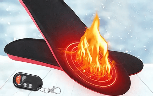Heated insoles featuring adjustable heat levels and wireless control, designed for winter use with a thin rechargeable design for optimal comfort and warmth. 4