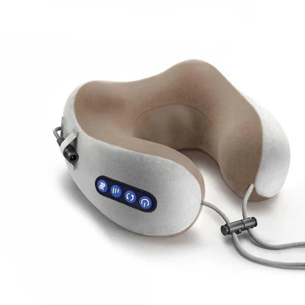 Heated massage pillow with rechargeable battery and memory foam support, featuring a U-shaped design and three massage modes for neck relaxation and comfort. 0