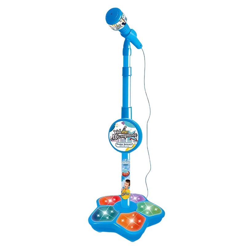 Height-adjustable karaoke microphone with illuminated base in black, pink, and blue, perfect for kids' parties and entertainment. 3