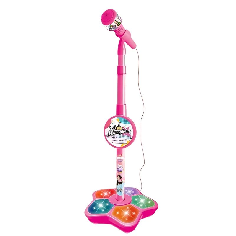 Height-adjustable karaoke microphone with illuminated base in black, pink, and blue, perfect for kids' parties and entertainment. 4