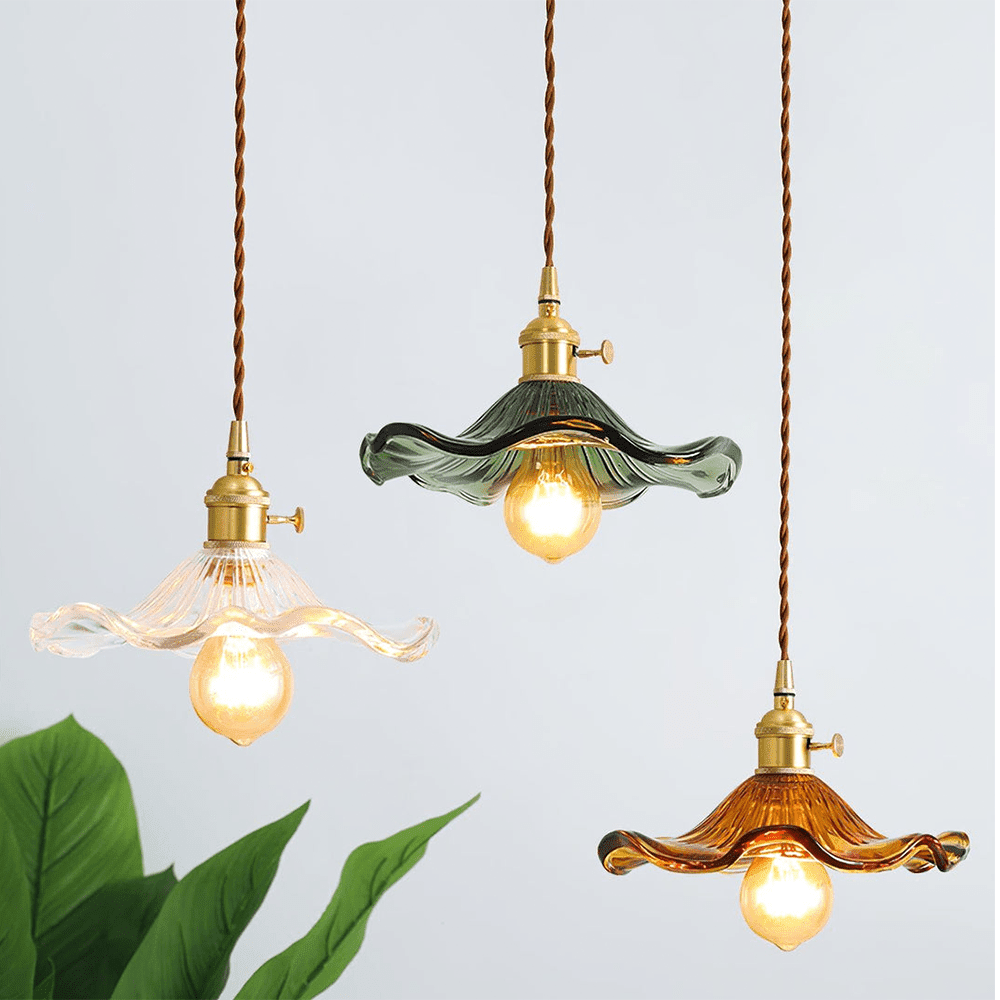 Hibiscus Pendant Lamp featuring a stunning glass and brass floral design with energy-efficient LED lighting, ideal for modern home decor. 1