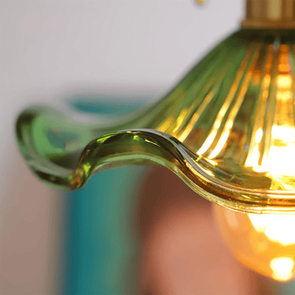 Hibiscus Pendant Lamp featuring a stunning glass and brass floral design with energy-efficient LED lighting, ideal for modern home decor. 6
