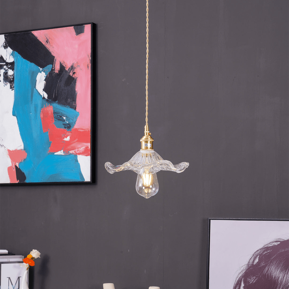 Hibiscus Pendant Lamp featuring a stunning glass and brass floral design with energy-efficient LED lighting, ideal for modern home decor. 7