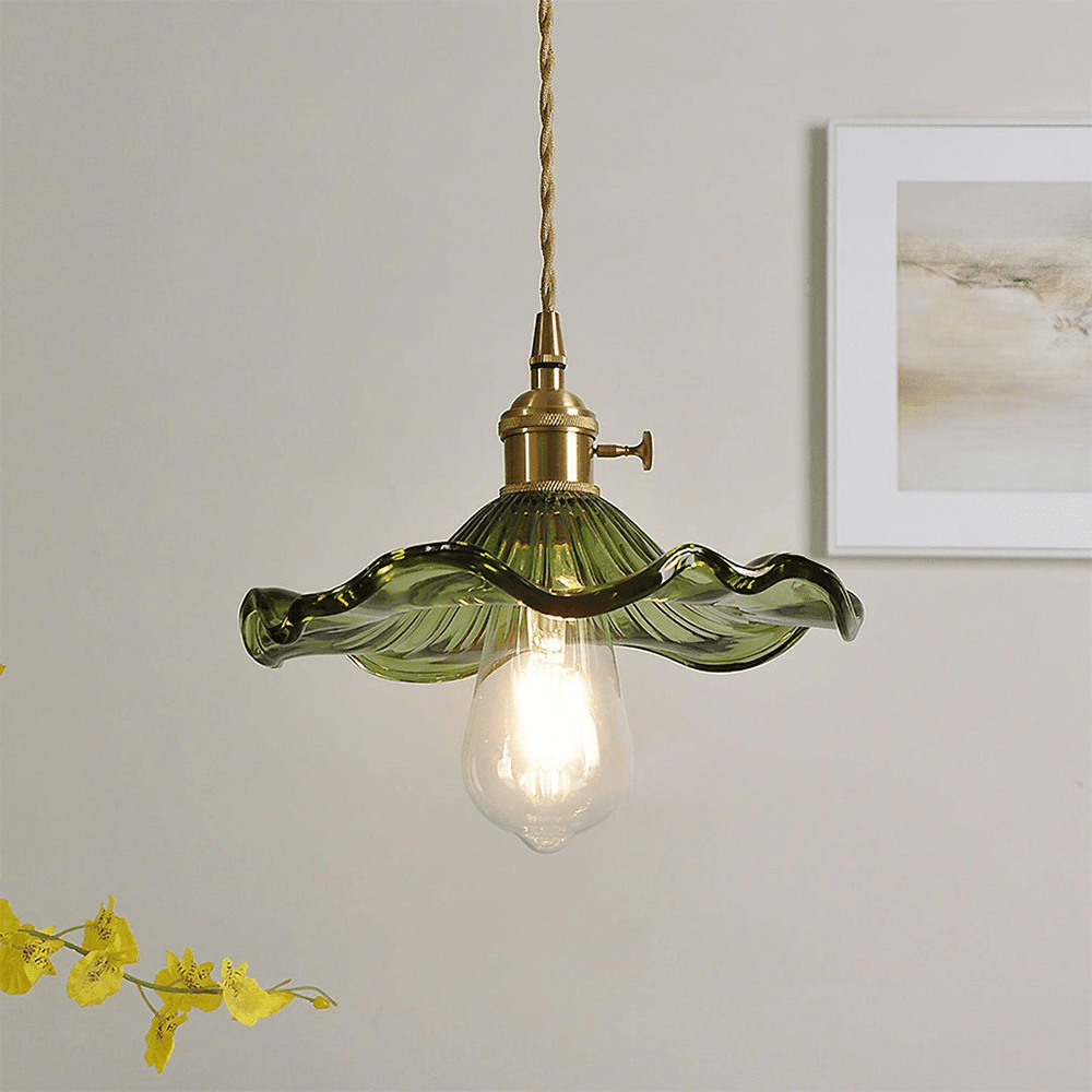 Hibiscus Pendant Lamp featuring a stunning glass and brass floral design with energy-efficient LED lighting, ideal for modern home decor. 0