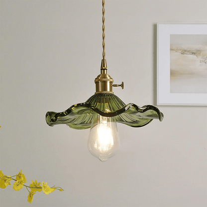 Hibiscus Pendant Lamp featuring a stunning glass and brass floral design with energy-efficient LED lighting, ideal for modern home decor. 0
