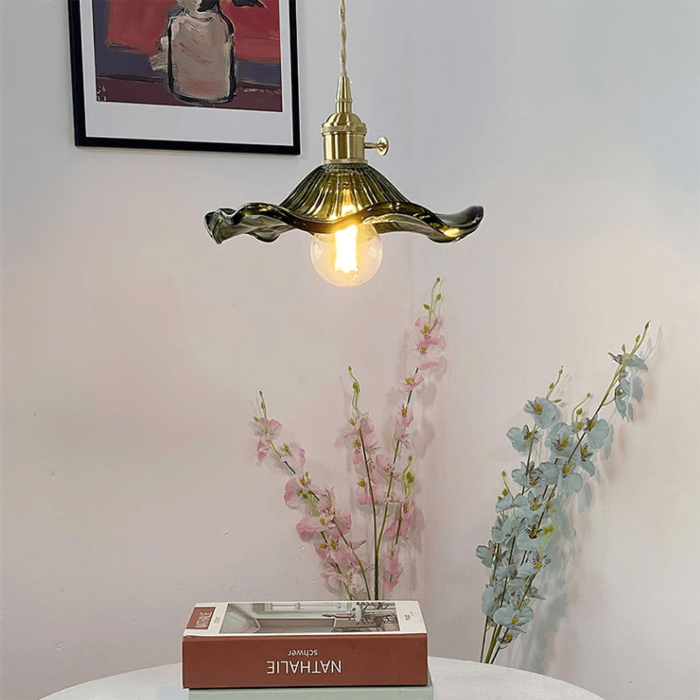 Hibiscus Pendant Lamp featuring a stunning glass and brass floral design with energy-efficient LED lighting, ideal for modern home decor. 4