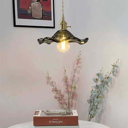 Hibiscus Pendant Lamp featuring a stunning glass and brass floral design with energy-efficient LED lighting, ideal for modern home decor. 4