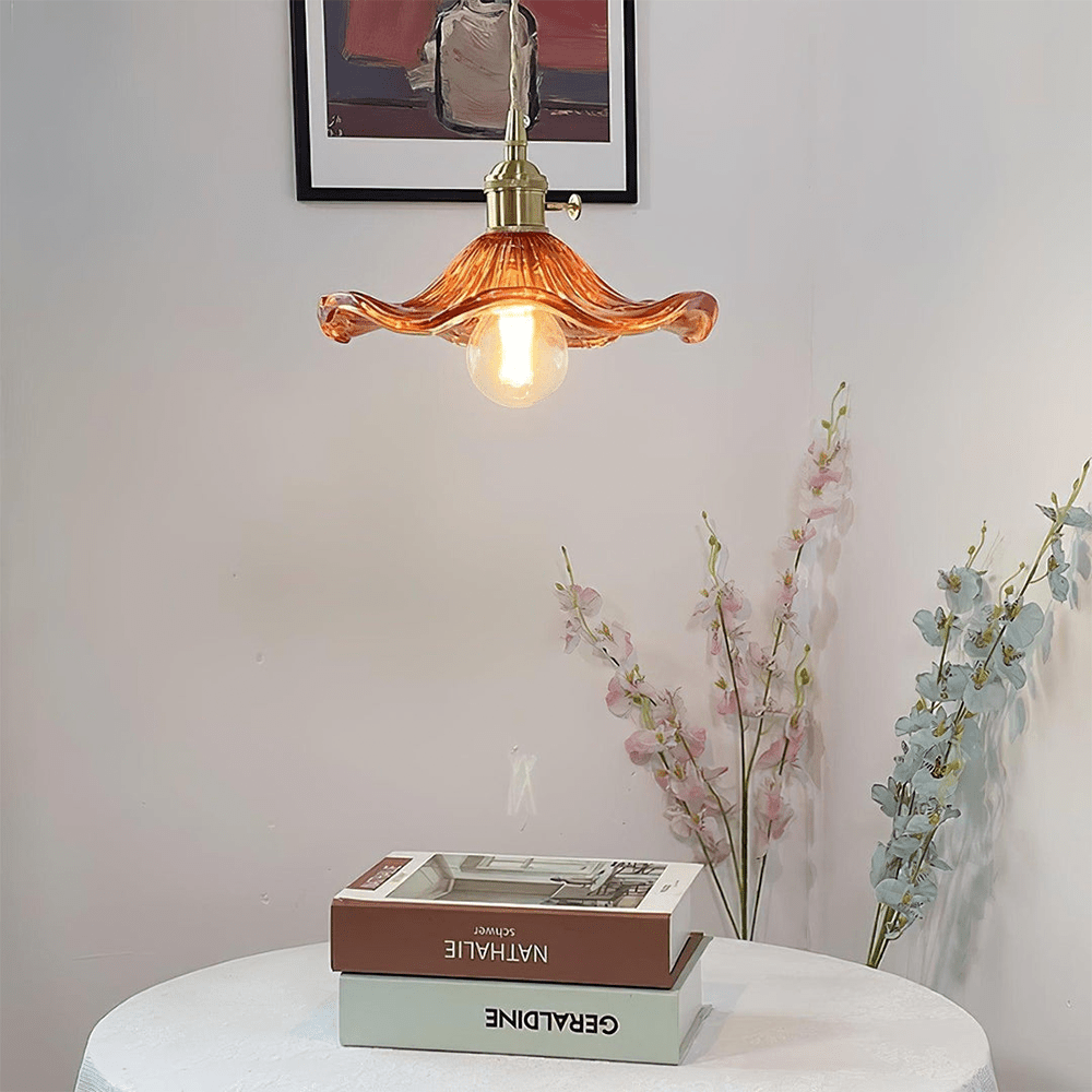 Hibiscus Pendant Lamp featuring a stunning glass and brass floral design with energy-efficient LED lighting, ideal for modern home decor. 9