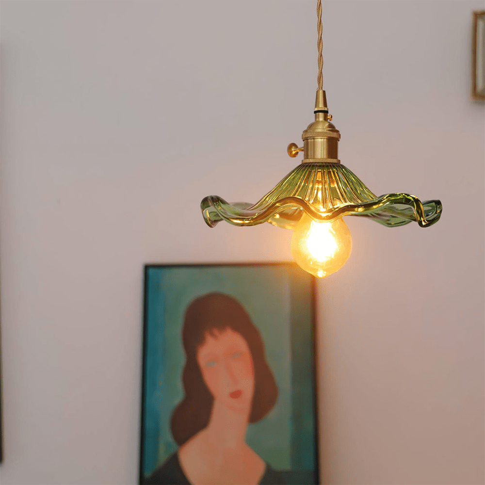Hibiscus Pendant Lamp featuring a stunning glass and brass floral design with energy-efficient LED lighting, ideal for modern home decor. 2