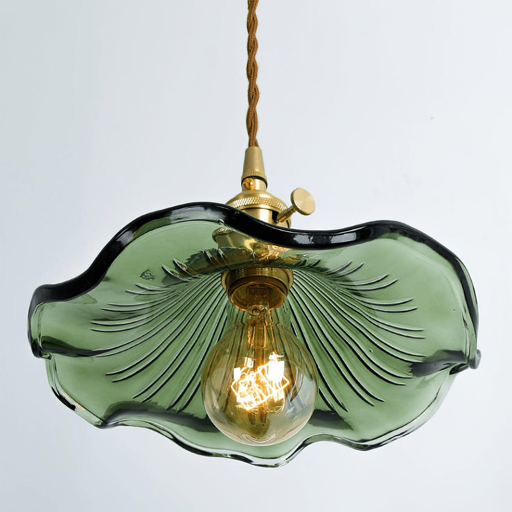 Hibiscus Pendant Lamp featuring a stunning glass and brass floral design with energy-efficient LED lighting, ideal for modern home decor. 5