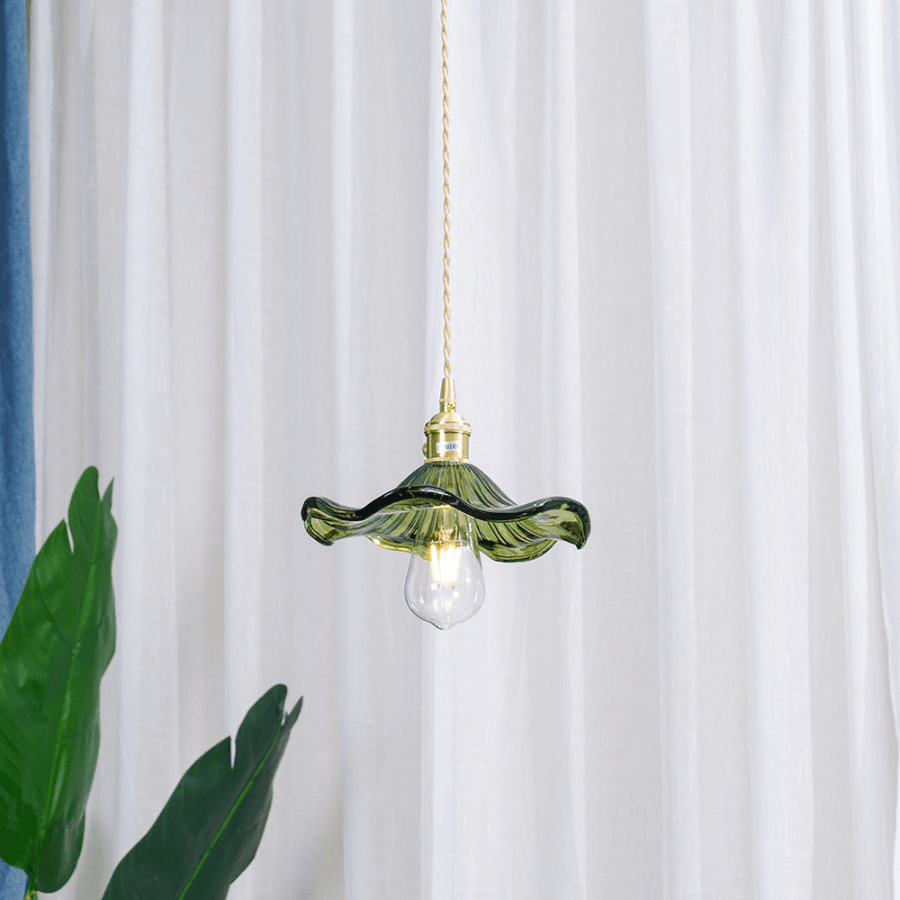 Hibiscus Pendant Lamp featuring a stunning glass and brass floral design with energy-efficient LED lighting, ideal for modern home decor. 3