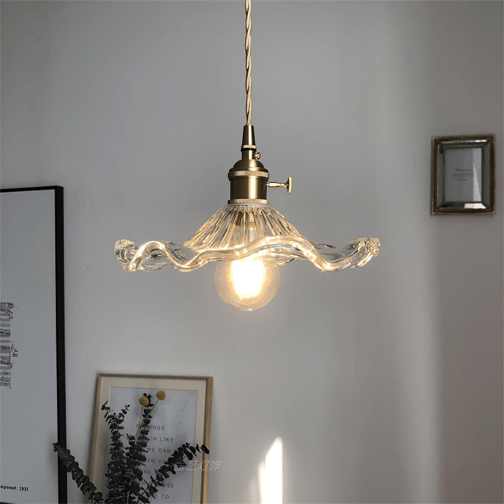 Hibiscus Pendant Lamp featuring a stunning glass and brass floral design with energy-efficient LED lighting, ideal for modern home decor. 10