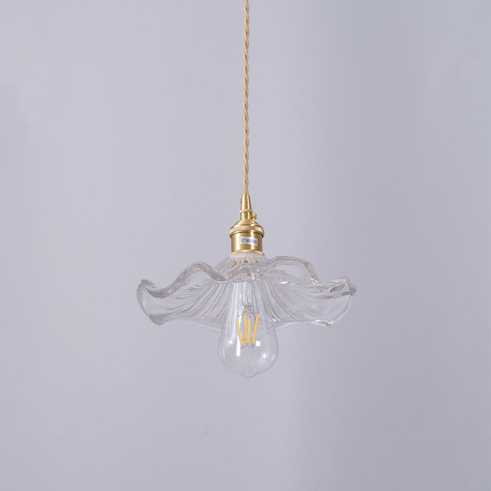 Hibiscus Pendant Lamp featuring a stunning glass and brass floral design with energy-efficient LED lighting, ideal for modern home decor. 8