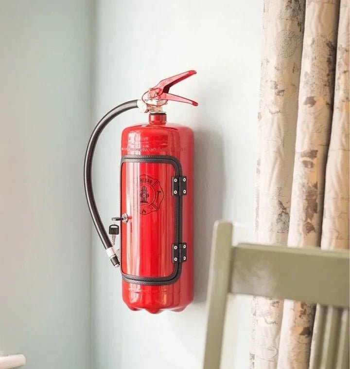 Hidden bar designed as a fire extinguisher, featuring ample storage for drinks and accessories, perfect for stylish home decor. 8