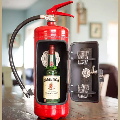 Hidden bar designed as a fire extinguisher, featuring ample storage for drinks and accessories, perfect for stylish home decor. 2