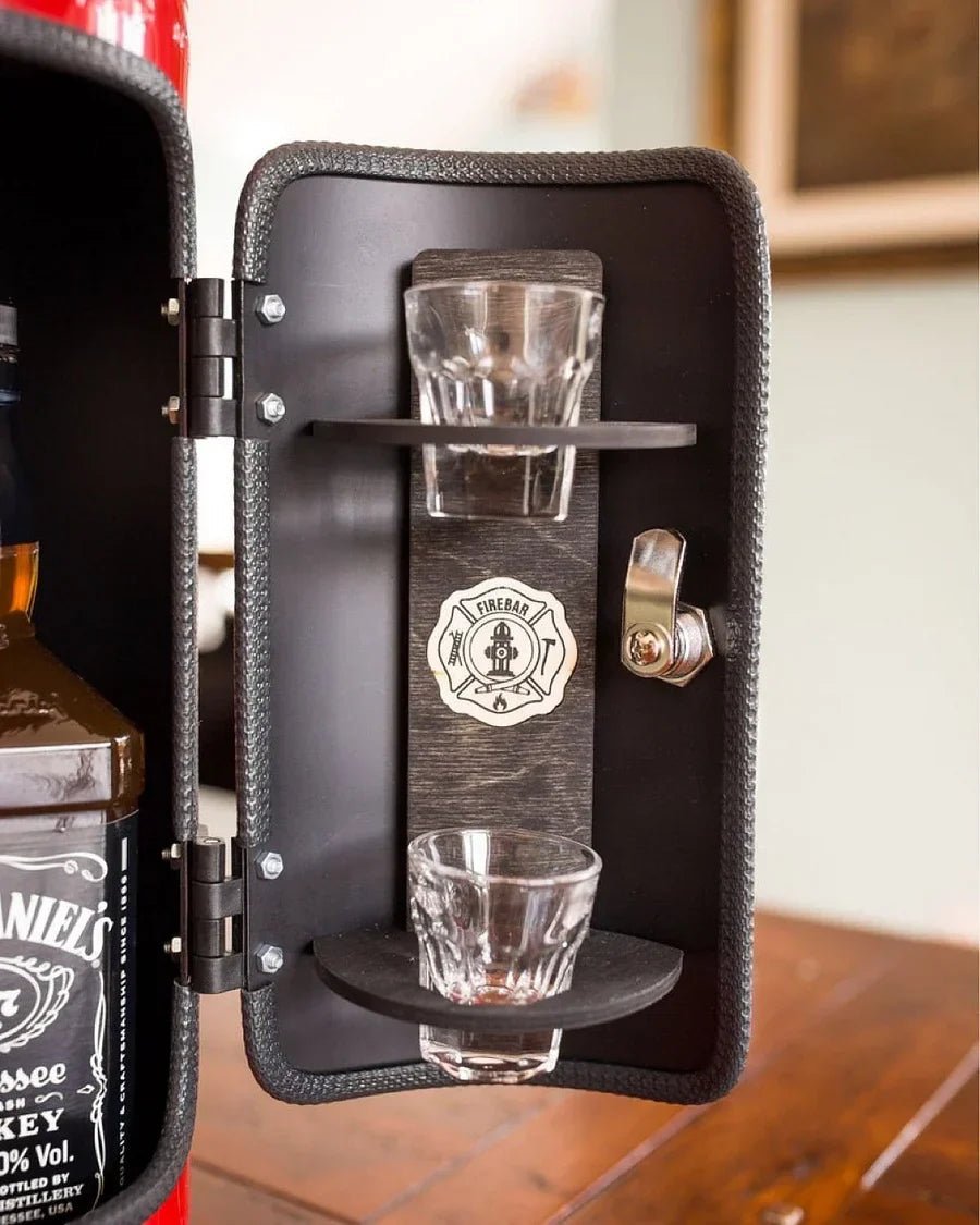 Hidden bar designed as a fire extinguisher, featuring ample storage for drinks and accessories, perfect for stylish home decor. 5