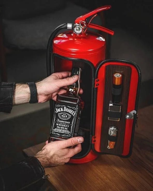 Hidden bar designed as a fire extinguisher, featuring ample storage for drinks and accessories, perfect for stylish home decor. 1