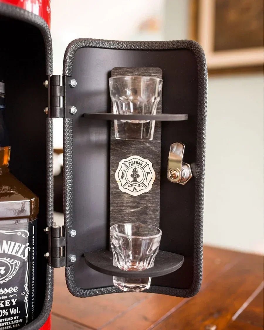Hidden bar featuring a unique fire extinguisher design in a sleek metal finish, perfect for stylish drink storage and accessories. 5