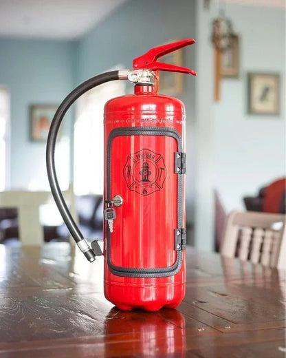 Hidden bar featuring a unique fire extinguisher design in a sleek metal finish, perfect for stylish drink storage and accessories. 0