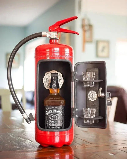 Hidden bar featuring a unique fire extinguisher design in a sleek metal finish, perfect for stylish drink storage and accessories. 3