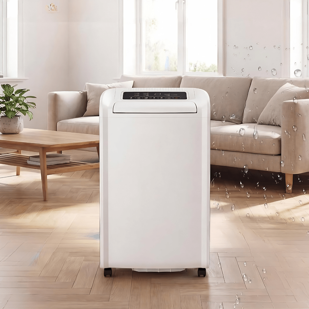 High capacity dehumidifier designed for large rooms, featuring continuous drainage, 70 pints per day moisture removal, energy-efficient performance, and quiet operation 0