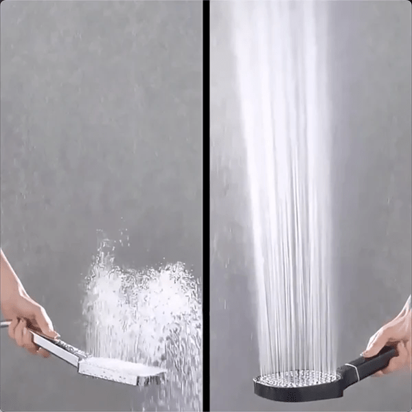 High pressure shower head with turbo-boost filtration system, featuring adjustable rain and jet spray modes for an enhanced shower experience. 3