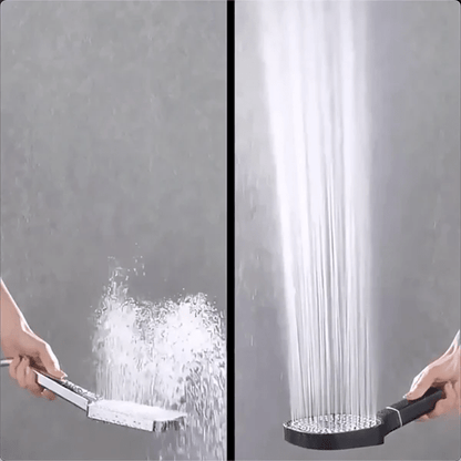 High pressure shower head with turbo-boost filtration system, featuring adjustable rain and jet spray modes for an enhanced shower experience. 3