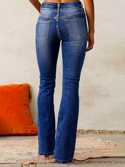 High waisted bootcut denim jeans featuring a double-button waistband and a sculpting stretch fit, designed in classic denim blue for a flattering silhouette. 3